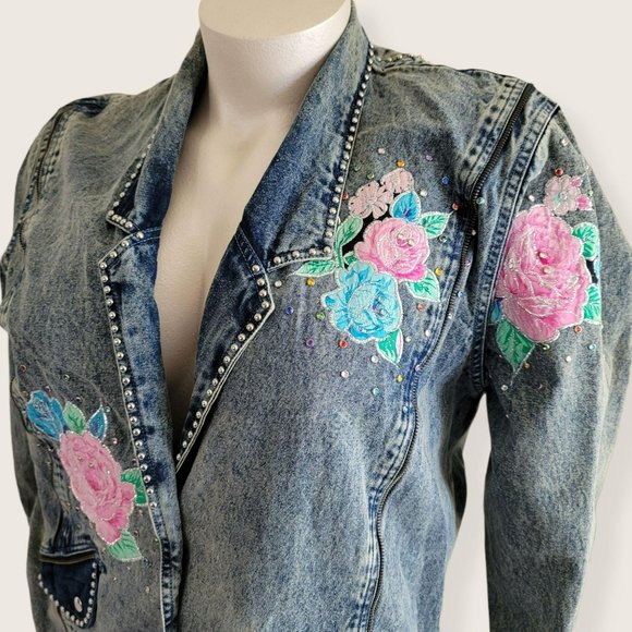 Vintage Embroidered Long Denim Jacket Blazer Zip Accent Woman's Size XL LH8009 - Picture 3 of 14